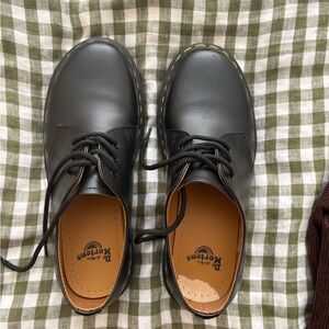 Dr. Martens Black 3-Eye Lace-Up Oxfords with Yellow Stitching
